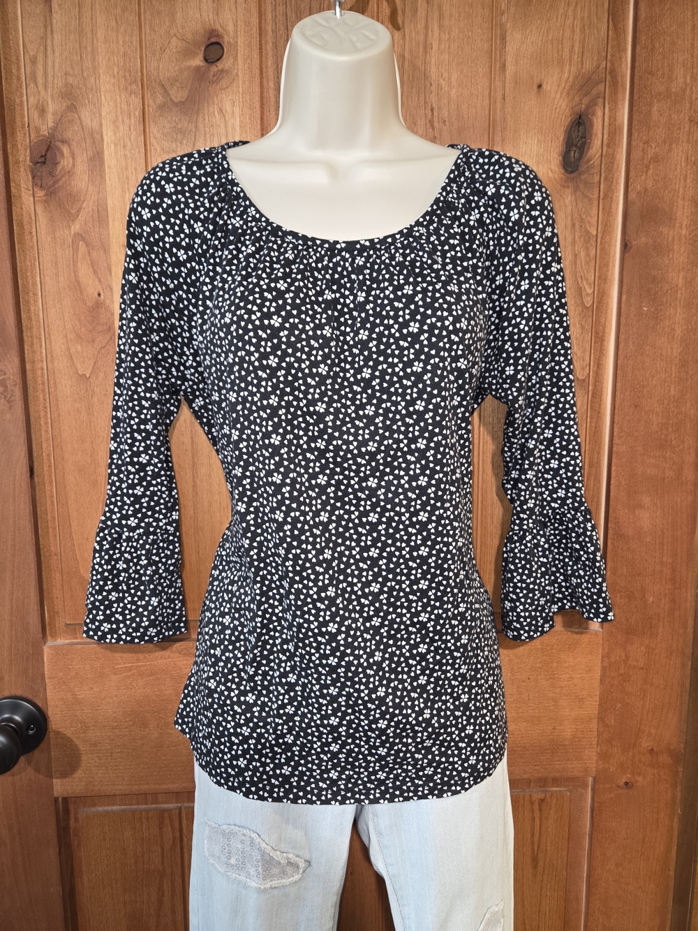 Michael Kors Black and White Scoop Neck Bell Sleeve Top